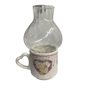 VTG 80s Sweetest Garden Stoneware Candle Holder Bear Flower Heart Print w Candle